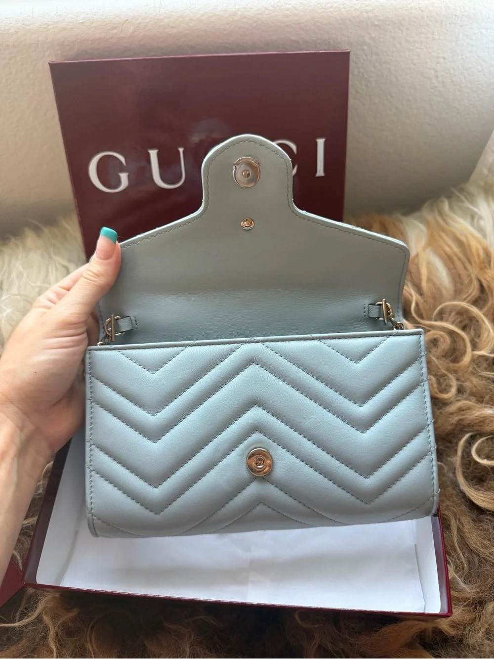 Gucci Pale Blue GG Marmont Quilted Crossbody Wallet